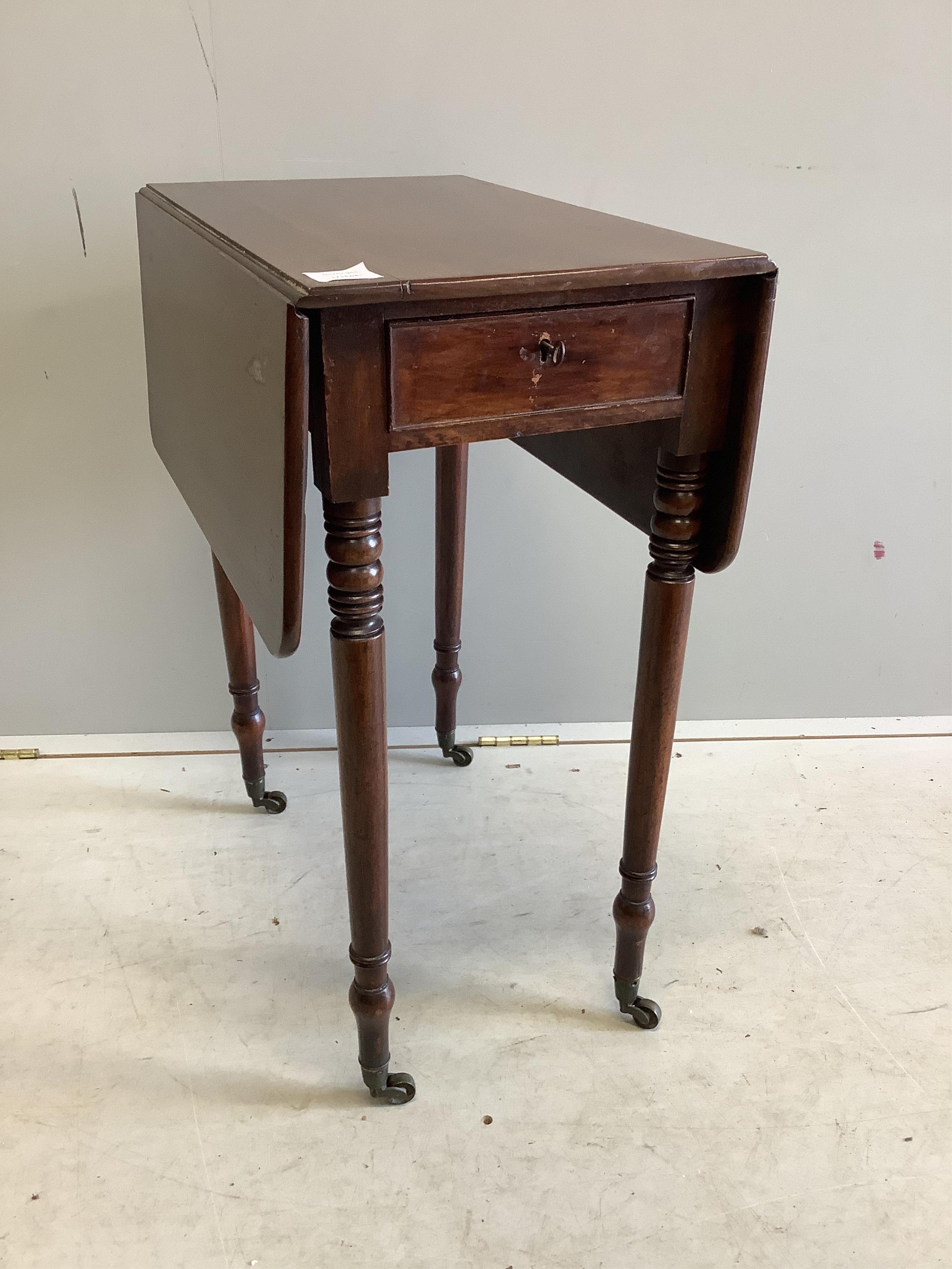 A 19th century Pembroke drop flap work table, width 34cm, depth 54cm, height 72cm. Condition - fair